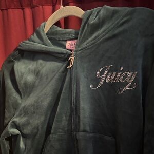 New Juicy Couture Dark Green Velour Rhinestone Logo Hoodie, Size Large
